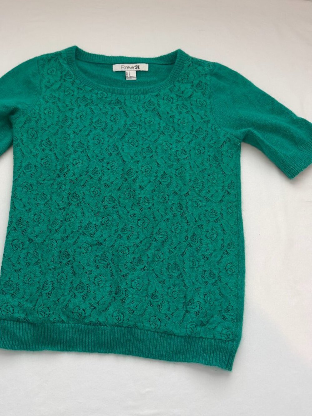 Forever 21 Green Lace Knit Sweater Top Small Cottagecore Coquette Short Sleeve